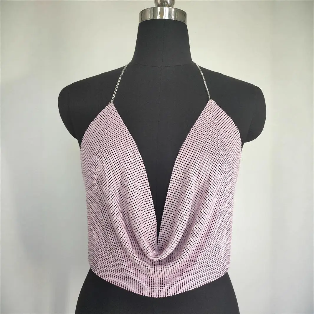 Low Cut Backless Sequin Crop Top Chain Detail Club Night Style Women's Vest Ultra Short Length A-Line Narrow Strap Design