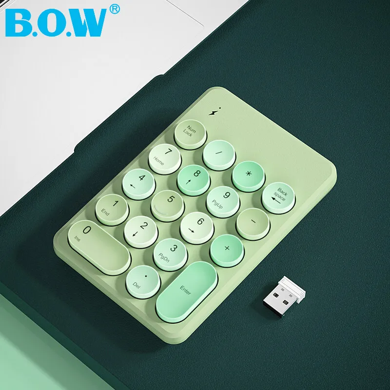 BOW Wireless /Bluetooth Numeric Keypad  Rechargeable External Laptop 18-Keys External Round Keycaps Numpad Keyboard Data Entry