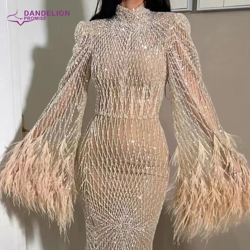 Luxury Dubai Feathers Nude Evening Dresses 2024 Long Sleeves Beaded Elegant High Neck Arabic Wedding Formal Party Gowns