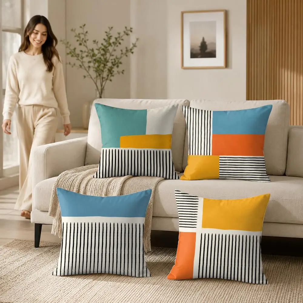 Orange and Blue Geometric Line Cushion Cover Soft Short Plush Pillow Case Double Sided Print Washable Sofa Home Decor Gift