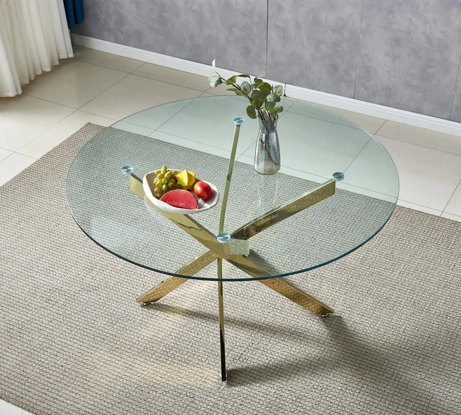 Table à manger ronde de 39 pouces, table de salle à manger moderne avec base en acier inoxydable doré, ensemble de table à manger en verre du Guatemala circulaire