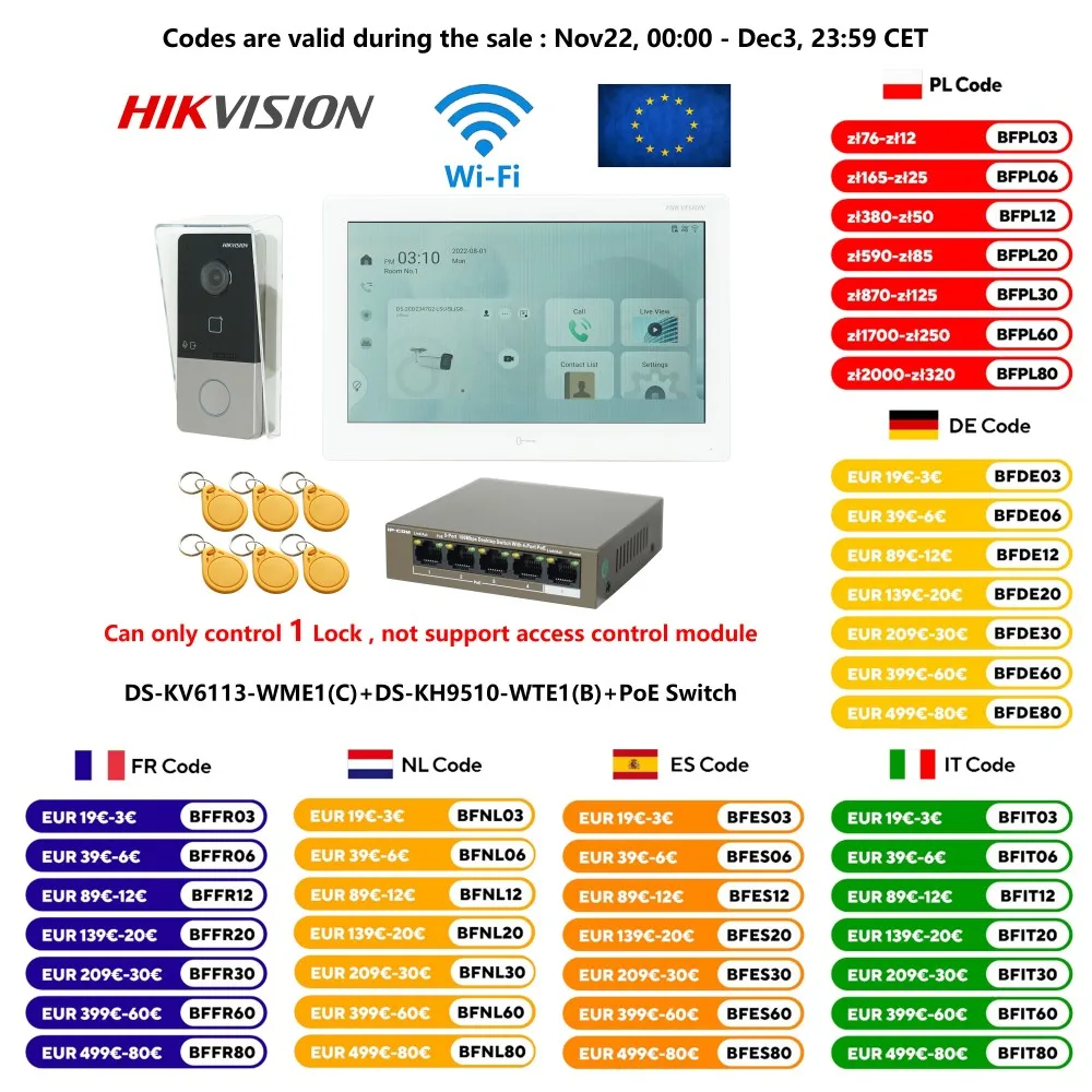 Hikvision mehrsprachiges 802.11af Poe Video Intercom Kit, inklusive DS-KV6113-WPE1 (c) & DS-KH9510-WTE1 (b) & Poe Switch