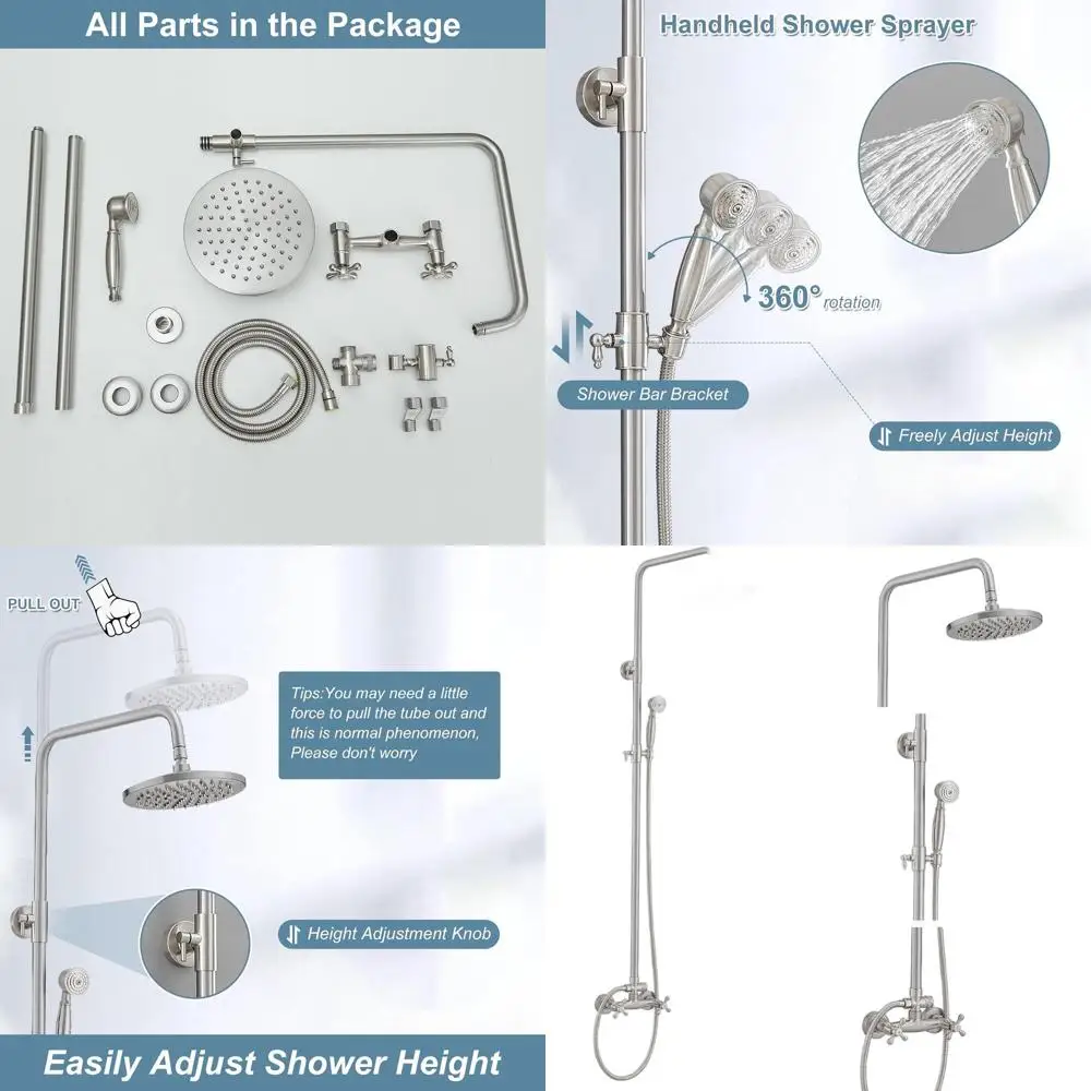 

8-Inch Rain Shower with Handheld Spray, Dual Function, Two Handle System, Wall-Mounted Shower Faucet Set