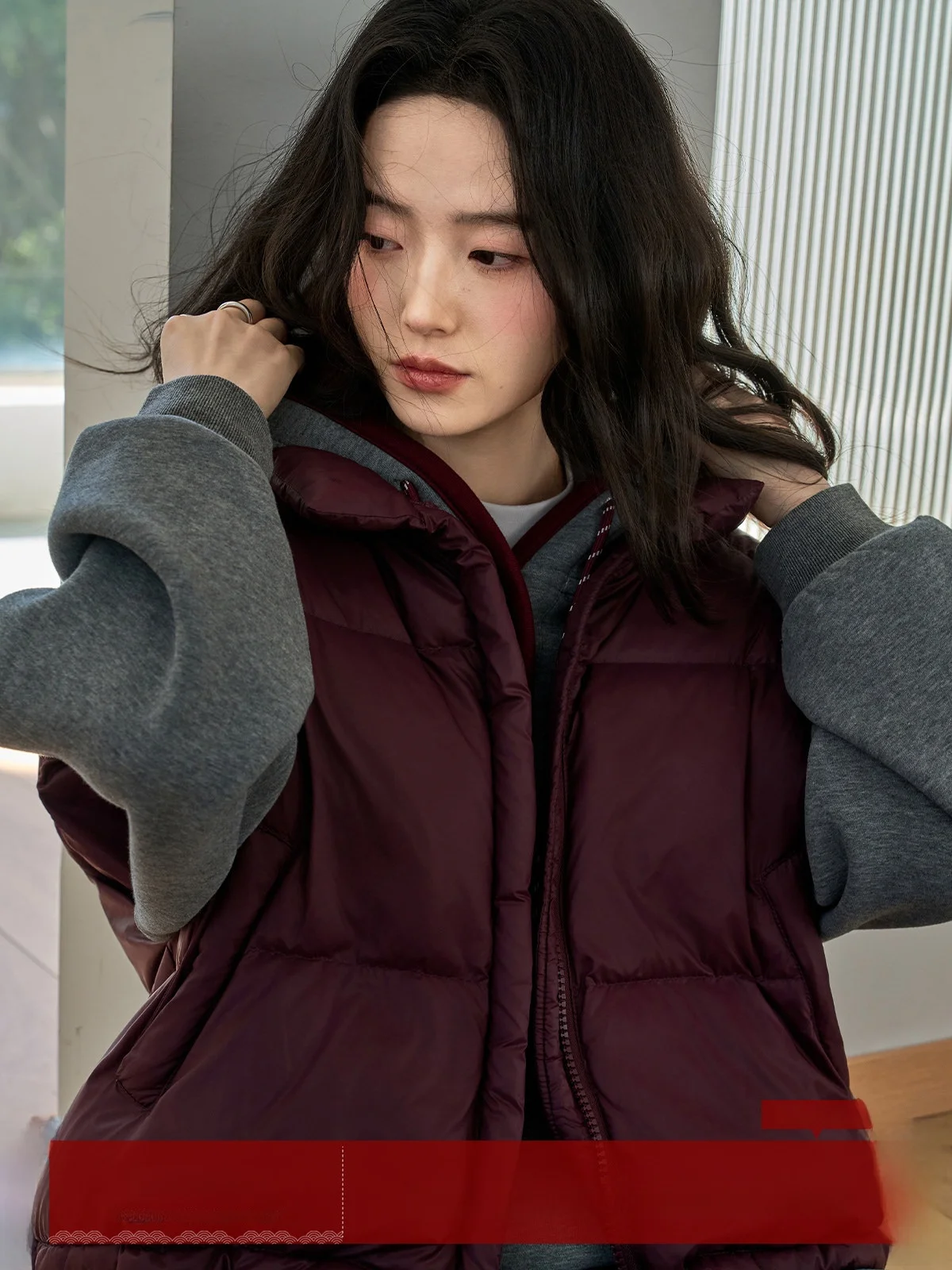 

Red Zipper Stand Collar ort down Vest Women's Outerwear Jaet Small Size oulder Pad Winter New Sle Commute Sle