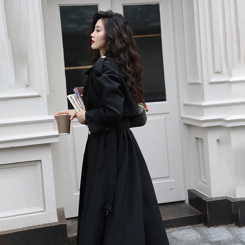 Women Trench Coat Suit Korean Long Sleeve Lapel Short Jacket + V-neck Belt Slim Vest Dress Female Vintage Windbreaker 2Piece Set