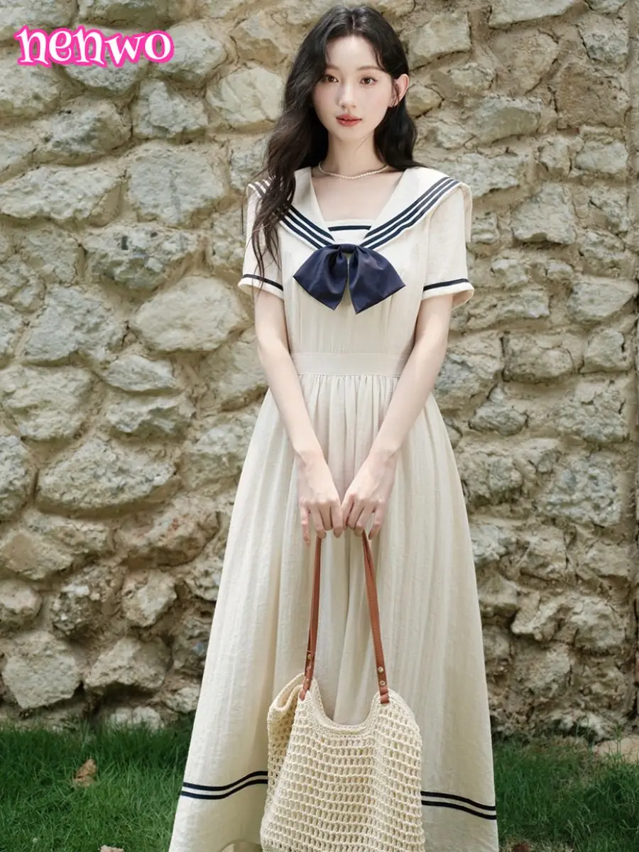 

Преппи, морская соль, милая Лолита, французский темно-синий воротник, платье в академическом стиле, милый милый костюм моряка с застежкой на талии, длинное летнее платье