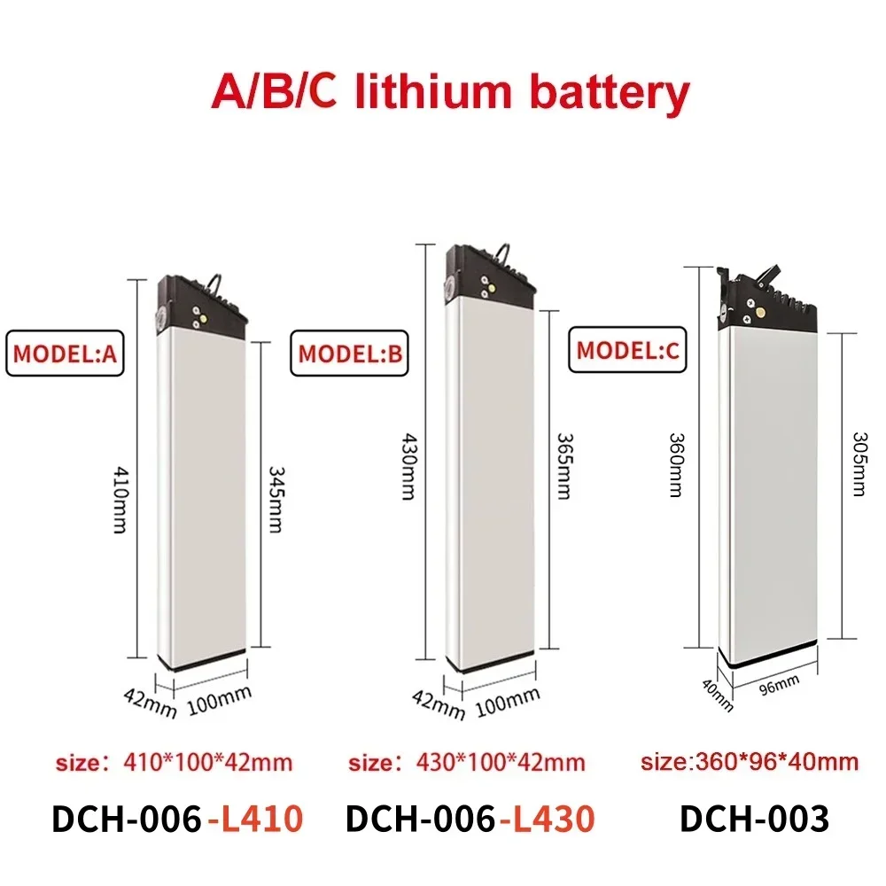 High Capacity 48V 36V 52V Lithium Battery 10Ah-17Ah for 350W-1000W Motor with DCH Series Charger Replacement Battery