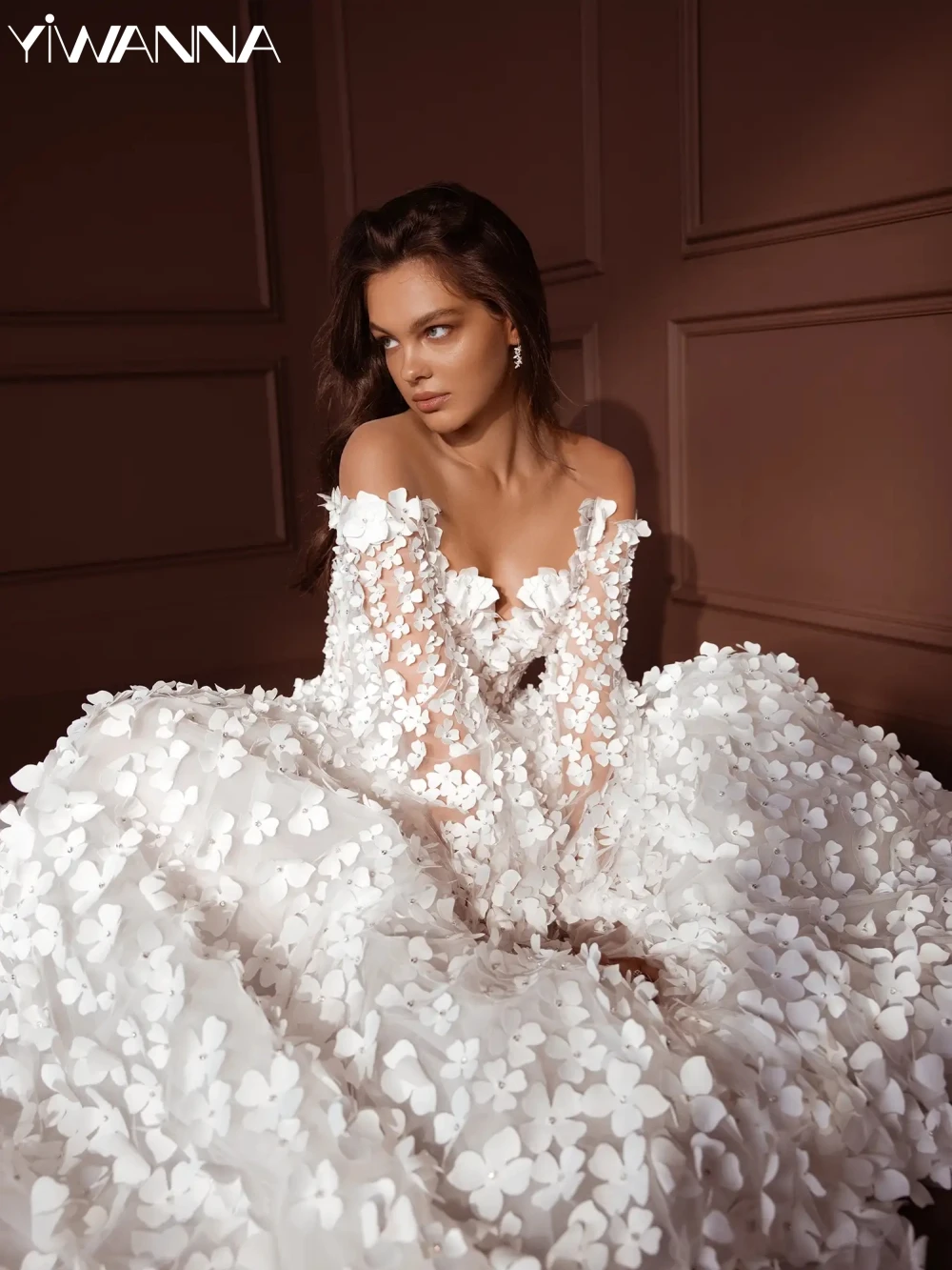 

Off The Shoulder Long Sleeves Wedding Dress Classic 3D Flower Bride Robe Graceful A-line Long Bridal Gown Robe De Mariée