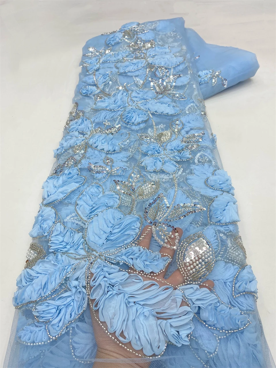 

Beaded Fabrics Lace with 3d Flower Luxury Lace High Quality Beaded Fabrics 2026 Dress Embroidered Fabric XZ6341