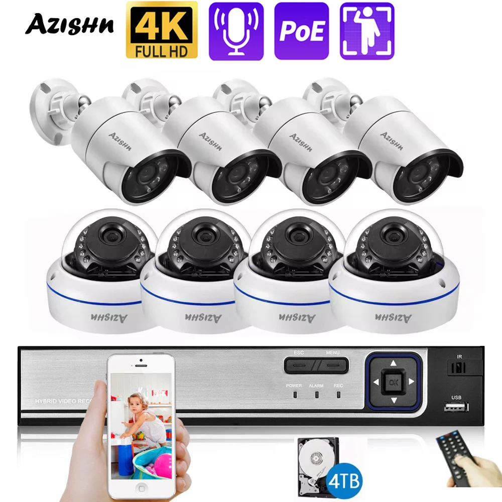 AZISHN 4K 8MP POE Security Camera System AI Motion Detection 8 Port NVR H.265 Home Waterproof CCTV Surveillance IP Camera Kit