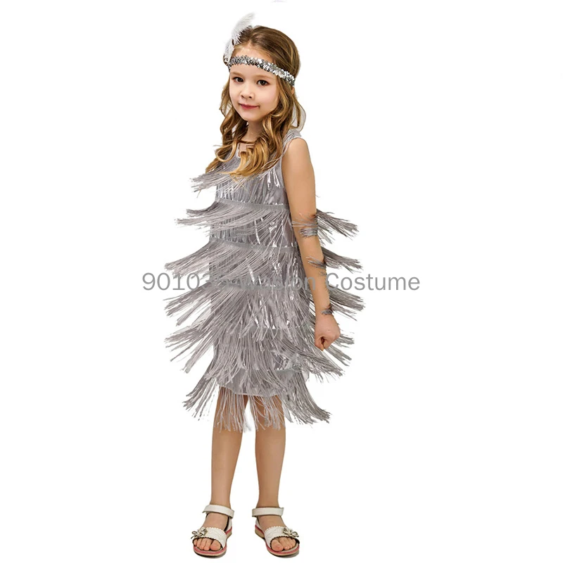 Vestido extravagante flapper com bandana para crianças, fantasia cosplay infantil, dramatização, festa de Halloween, borla, meninas, década de 1920