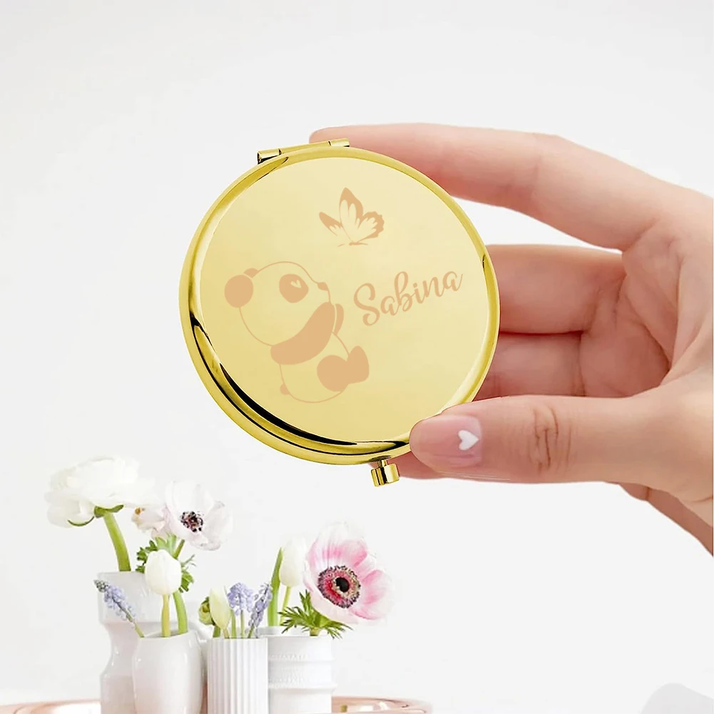 

1pc panda butterfly cute Old Engraving Custom Name Makeup Mirror Metal gold Anniversary gifts