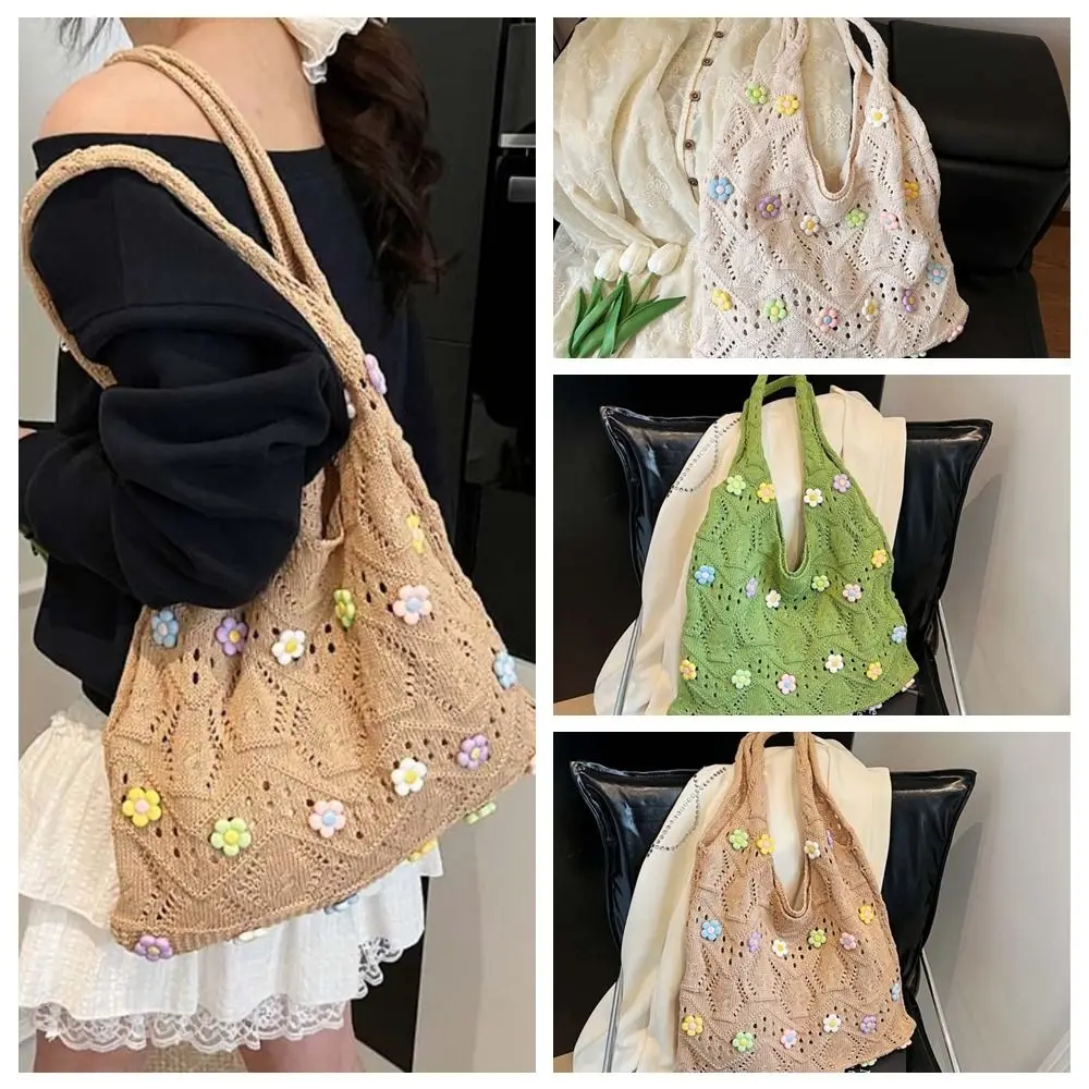

Solid Color Sweet Crochet Tote Bag Hollow Out Flower Charm Flower Thread Woven Bag Polyester Lightweight Knitting Handbag Beach