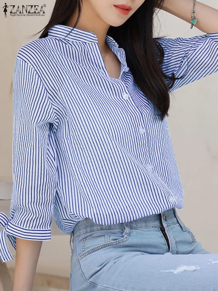 Elegant Shirts Women Fashion Work OL Blouse ZANZEA Summer Striped Printed Shirt 3/4 Sleeve O-Neck Tops Buttons Down Blusas Femme