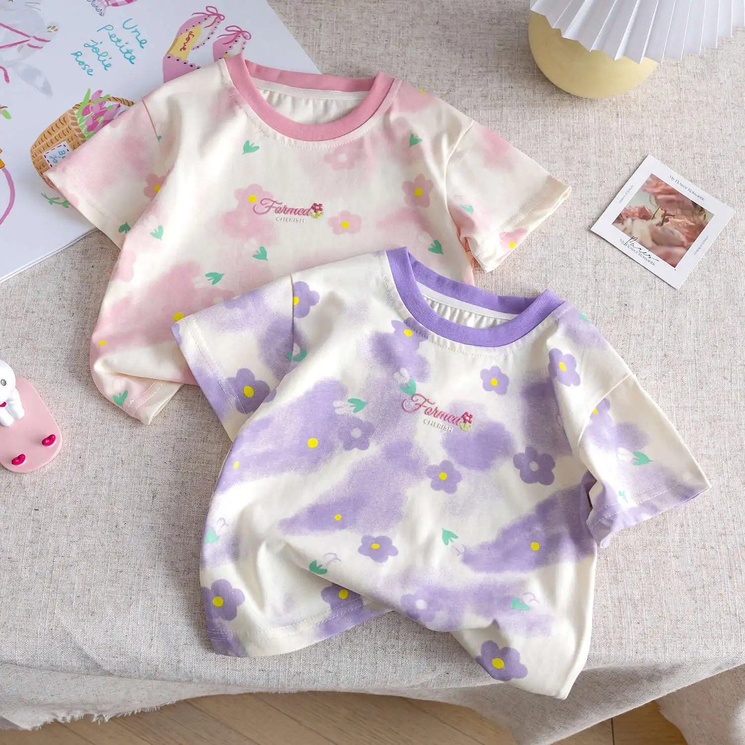 Baby Girls Summer Short Sleeve T-Shirts Round Neck Flowers Print Casual Tees 1-6Years Girl Tees Cute Kids Tops