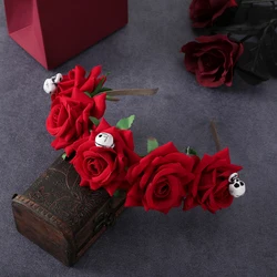 AWAYTR Halloween Red Rose Skull Hair Band Garland Wedding Hairhoop Cosplay Party Flannel Flowers Hair Crown Headband Festival