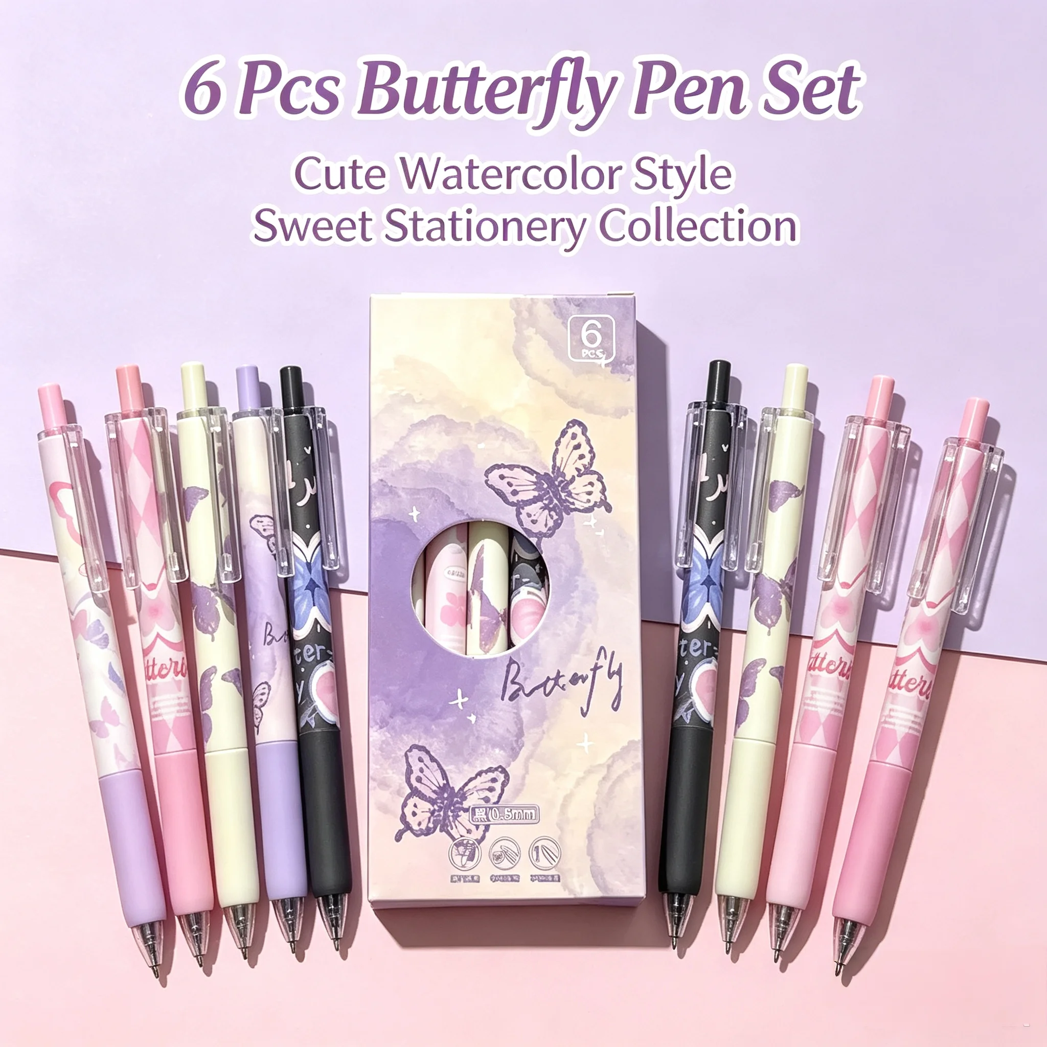 6pcs Cute Butterfly Gel Pens Aesthetic Stationary Pens, Kawaii Pen Stationery, 0.5 Mm Quick-drying Black Ink Pens Fine Point
