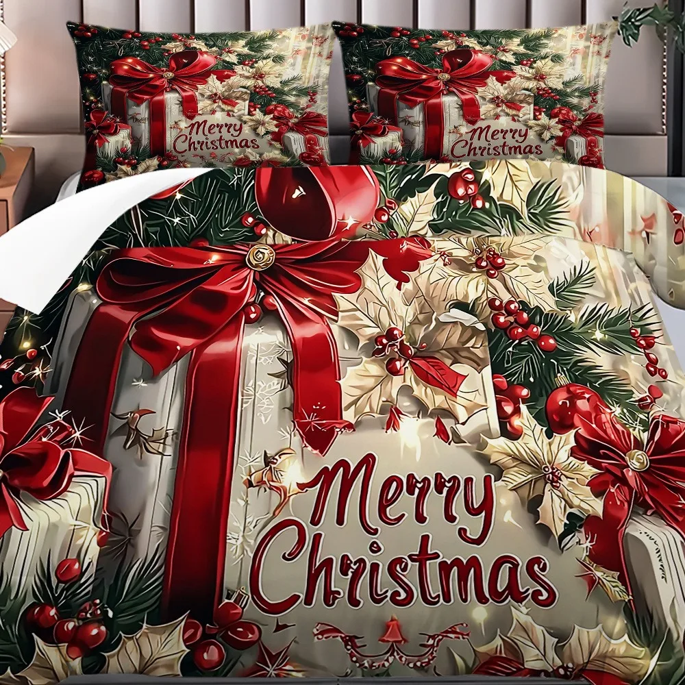 

Christmas Bedding Set Red Bow Flowers Printed Cozy Duvet Cover King Queen Twin Single Size New Year Christmas Gift Bedroom Decor