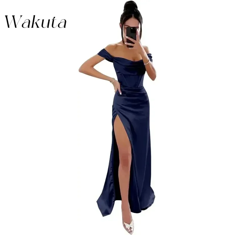 Wakuta Fashion Off Shoulder Bridesmaid Prom Dresses for Women Satin Long Formal Wedding Evening Party Gowns with Slit Vestidos