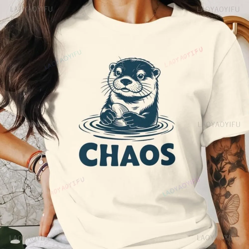 Cute Otter Chaos Funny Animal Graphic T-shirt Adorable Quirky Wildlife Lover Gift T Shirt Short Sleeve Casual Cotton Women Tees