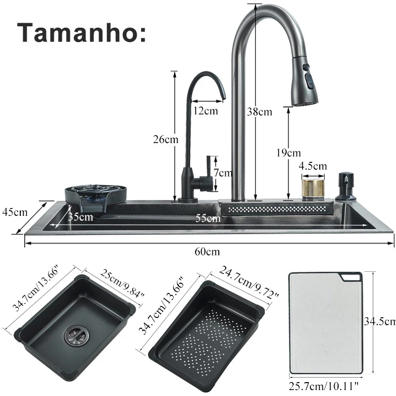 304 5 Water Discharge Modes Stainless Steel Waterfall Kitchen Sink Large Single Slot Integrated Digital Display Faucet Set