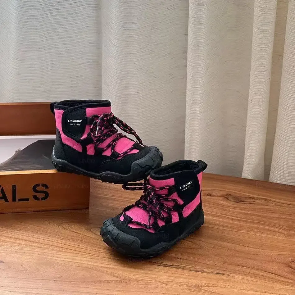 Children Winter Outdoor Hiking Boots, Fuzzy Lined Lace‑Up Protective Toe Non‑Slip Thick Sole Trekking Boots