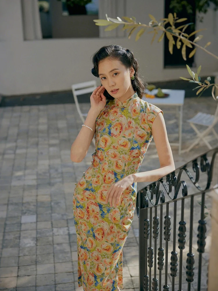 

M Cotton Slit Mid-Length Vintage Daily Hong Kong Sle Small Svel Dr Floral Print Spring Summer