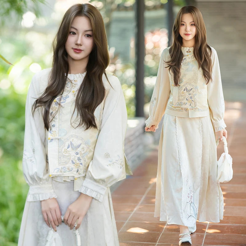 

Новый китайский традиционный национальный наряд: комплект Ханьфу с тяжелой вышивкой, длинными рукавами и полуюбкой