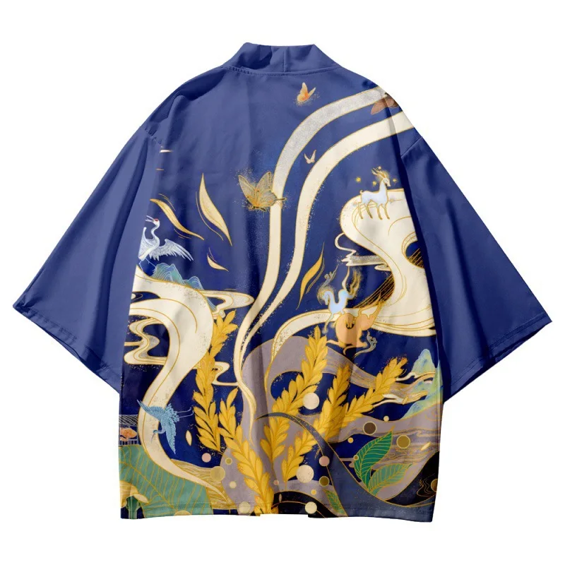 Color Cosplayer Japanese Anime Haori Cloak Men Cosplay Costume Fanny Whales Ukiyoe Printing Cardigan Loose Top Harajuku Jacket