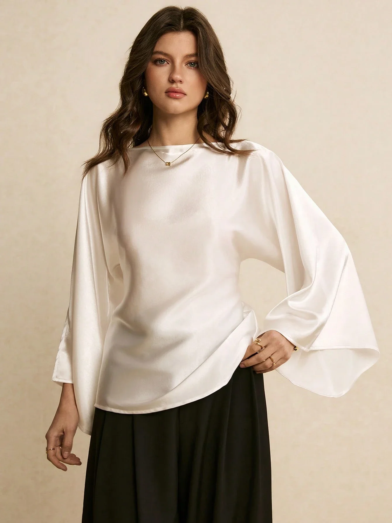 

Women's White Satin Boat Neck Flare Sleeve Blouse With Tie Waist