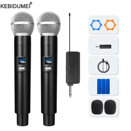 Imagen 1 del producto Micrófono inalámbrico de 2 canales UHF, micrófono de mano de frecuencia fija, micrófono condensador para fiesta, Karaoke, espectáculo, reunión
