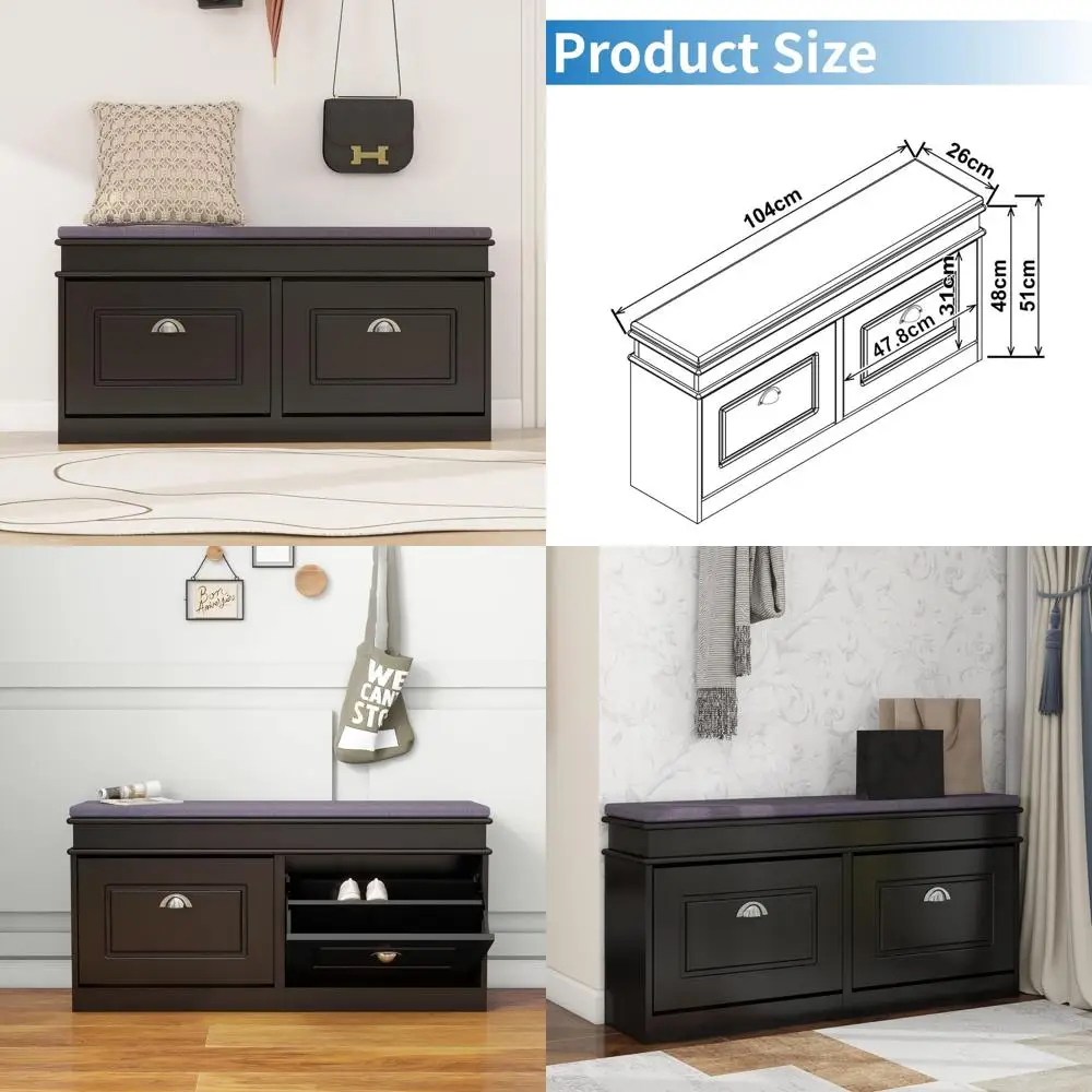 

Black 2-Drawer Shoe Storage Bench with Cushioned Seat and Half Flip-Drawer for Home Entryways
