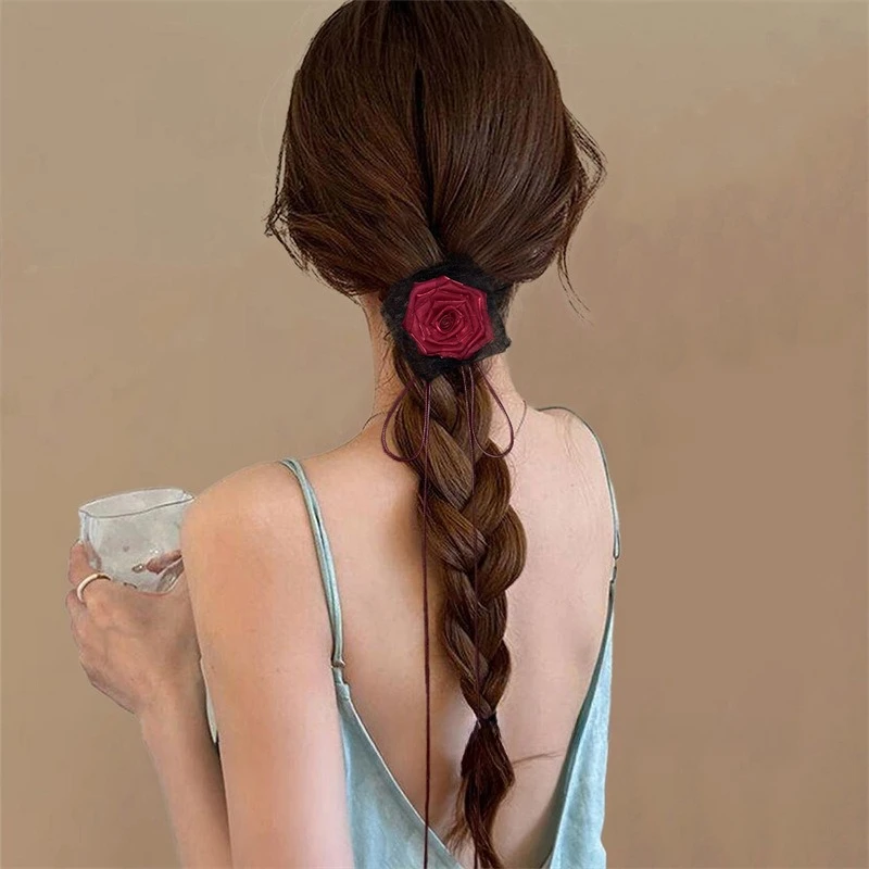 

Dark Night Rose! Vintage Lace Flower Hair Rope! Dark Wind Strap Headband Dual-Purpose Clavicle Chain Travel Hairpin