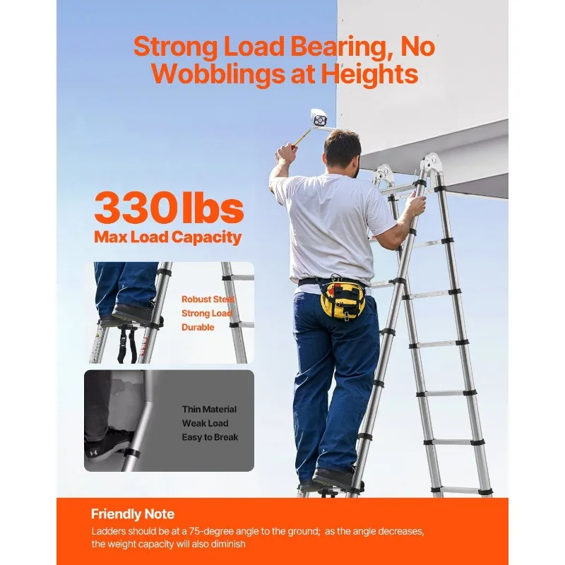 Telescoping Ladder A-Frame Stainless Steel Extension Step 16.5ft Portable Ladder