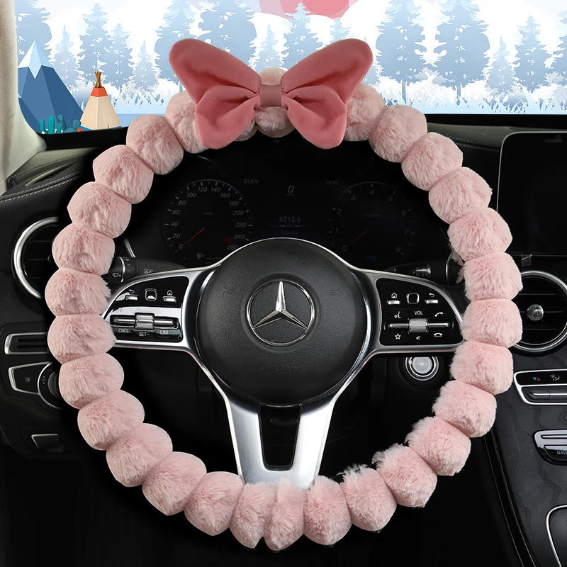 2023 new Goddess bow plush winter steering wheel cover cute puff lattice non-slip warm car handle cover