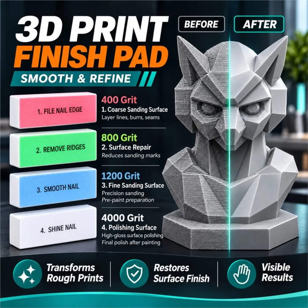 3D Print Finishing Pad for PLA ABS PETG Resin Reusable Polishing Sponge Four Sided Polishing Sanding Tool for Layer Lines Props