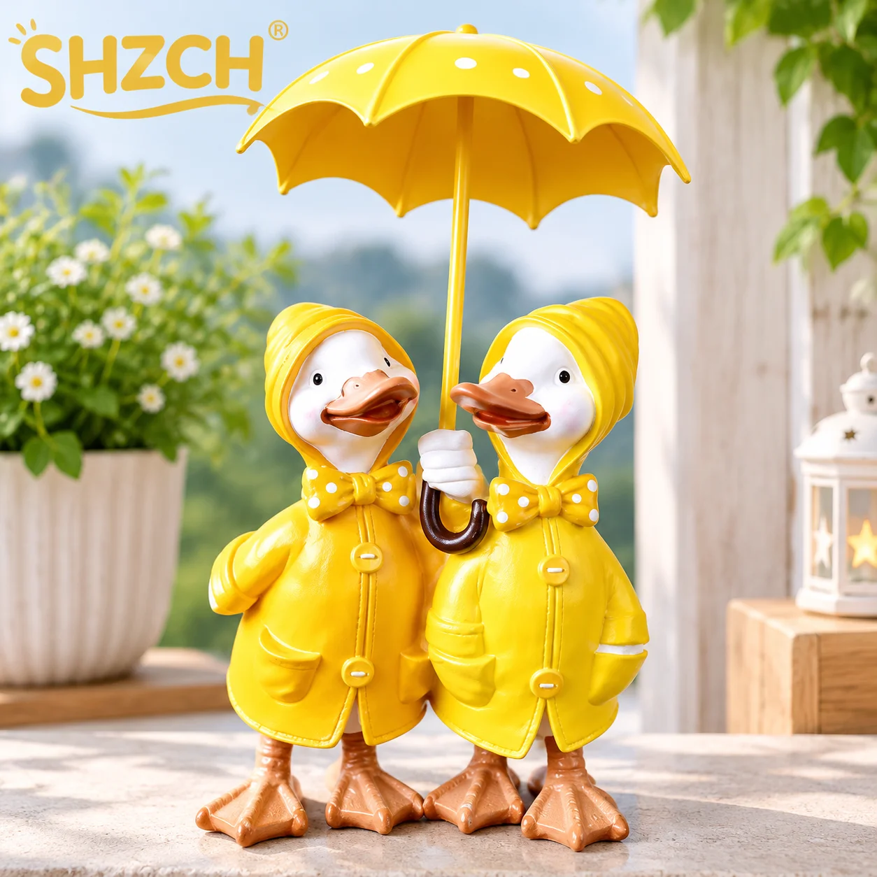 Nordic Umbrella Couple Ducks Resin Statue Outdoor Garden Figurines for Courtyard Balcony Decor Adorable Duck Garden Sculpture