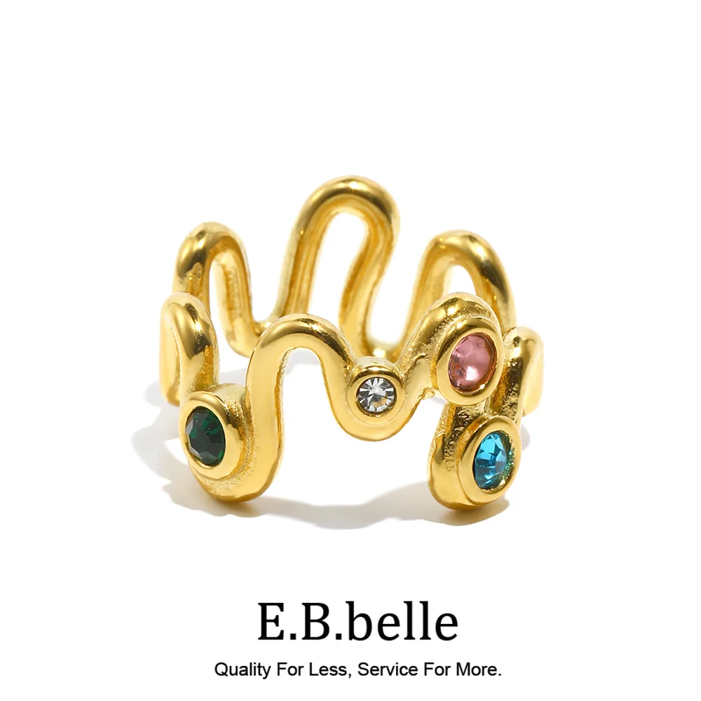 E.B.belle Edelstahl-Ring mit besonderem Design, farbiger Strass-Wellenring, 18 Karat vergoldet, modischer Statement-Schmuck für Damen