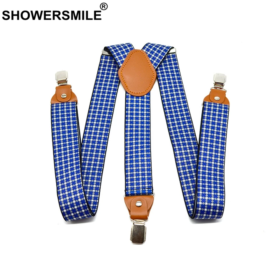 SHOWERSMILE Mens Trousers Belt With Leather Blue Plaid Business Suspenders Wide Adjustable Elasitic Braces 3 Clips Y Back Straps