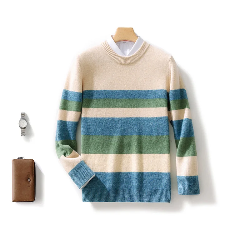 Autumn Winter 100% Merino Wool O-Neck Color-Block Striped Sweater Pullover Cashmere Soft Long Sleeves Basic Casual Clothing Top