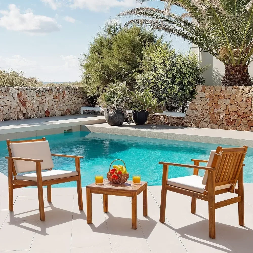 Mobilier d'extérieur en bois d'acacia, siège de conversation avec table et coussins, chaises de porche pour balcon, 3 pièces