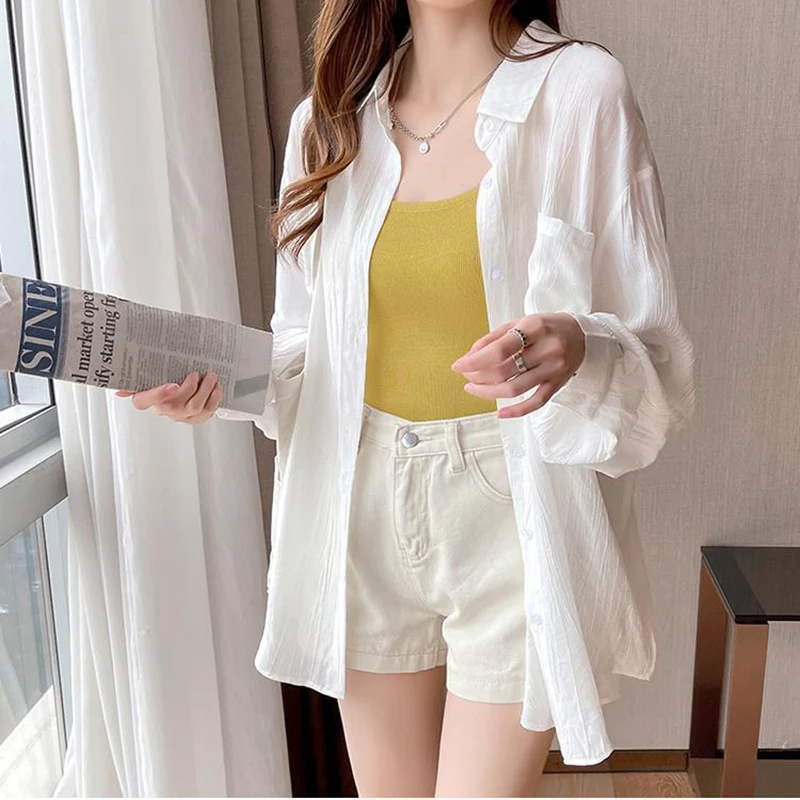 Gidyq Women Sexy Translucent Folds Shirt Korean Fashion Loose Long Sleeve Sun Proof Clothes Summer Sweet Chic All Match Tops New