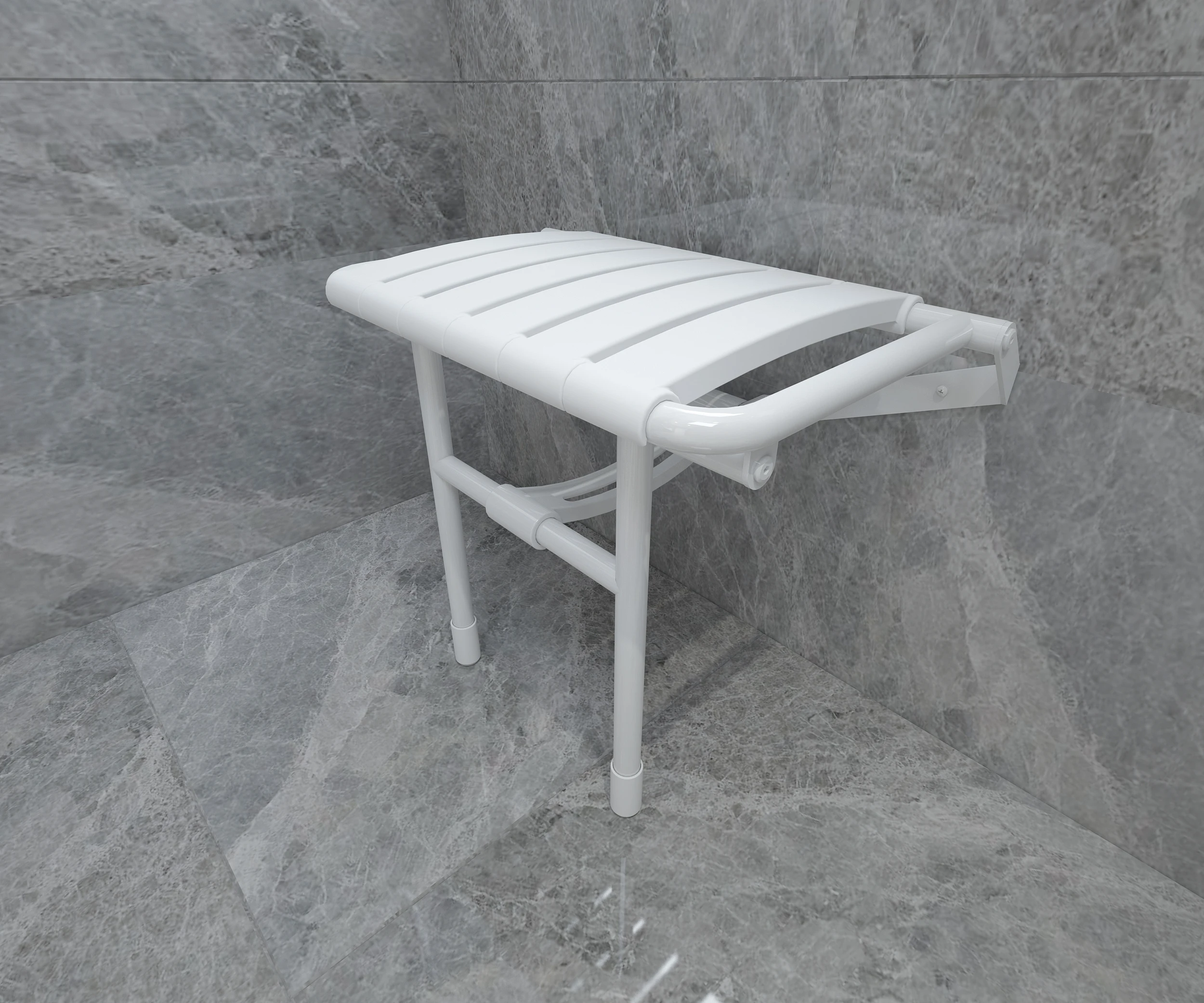 The foldable white ABS shower chair is stylish and suitable for indoor and outdoor use.