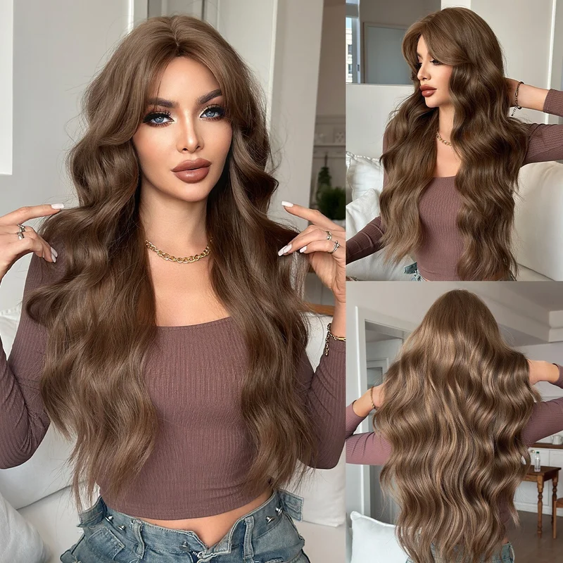 Warm brown wig with seamless full head cover  Long hair with big wavy curls