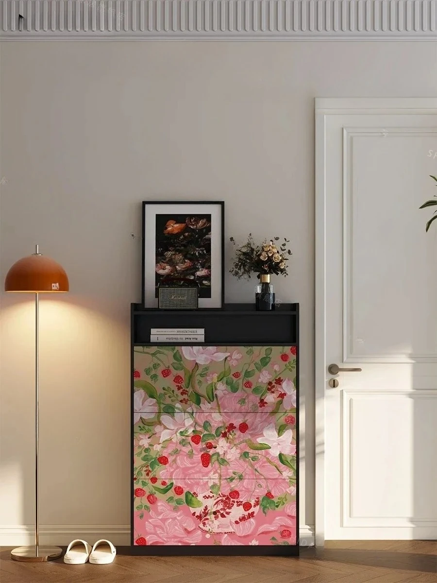 Retro solid wood ultra-thin tipping bucket shoe cabinet, entrance storage integrated cabinet, living room wall storage cabinet