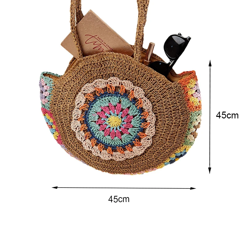 Ethnic Style Round Straw Weaving Fashion Shoulder Bag Summer Handmade Woven Beach Underarm Bags Women\'s Large Capacity Tote Bag