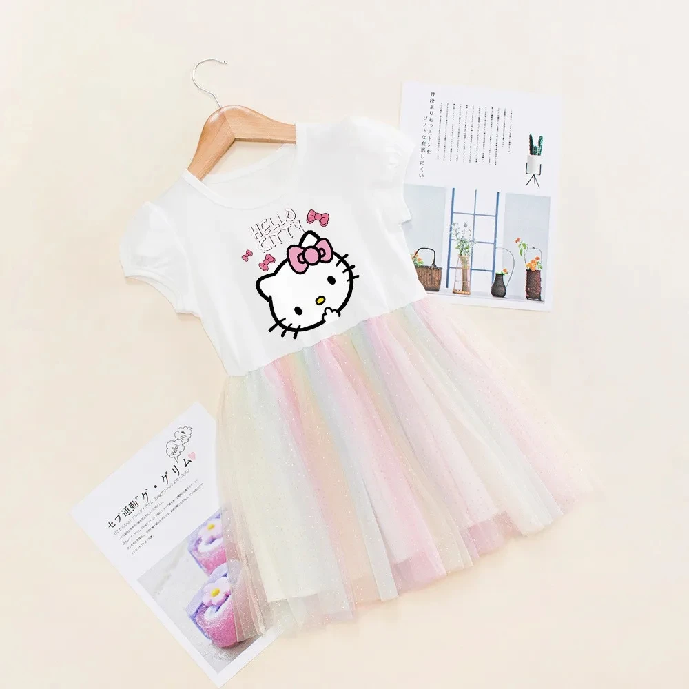 Children Clothing Kid Sanrio Hello Kitty Dress Summer Cute Baby Girls Short-Sleeved  Rainbow Mesh Princess Party Costume Vestido