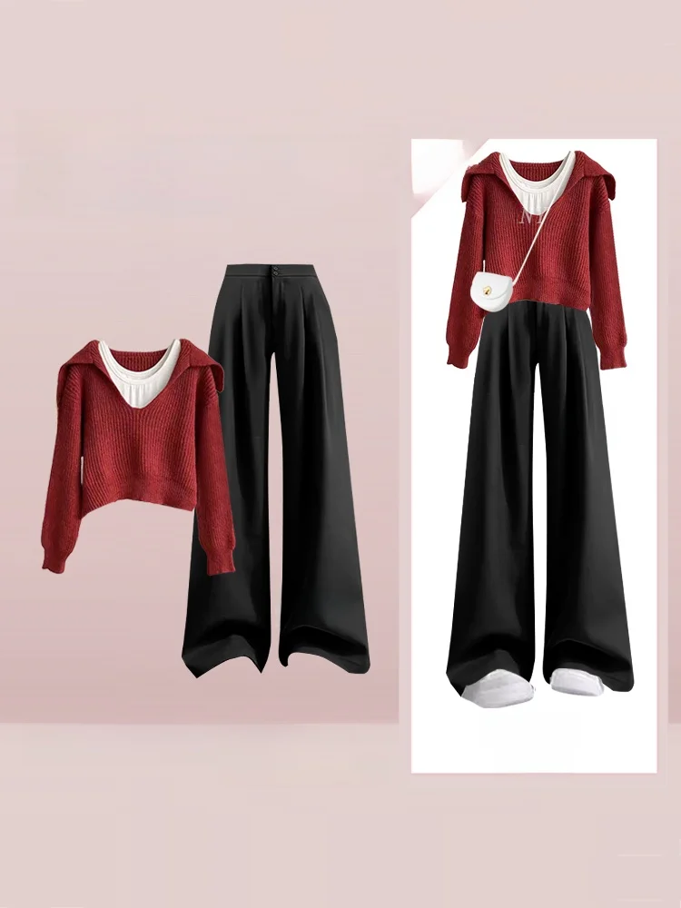 

Вязаный свитер в стиле ретро, костюм с высокой талией, внутренняя одежда, Aosphere Sense, осень-зима, свободные повседневные брюки, женский модный комплект