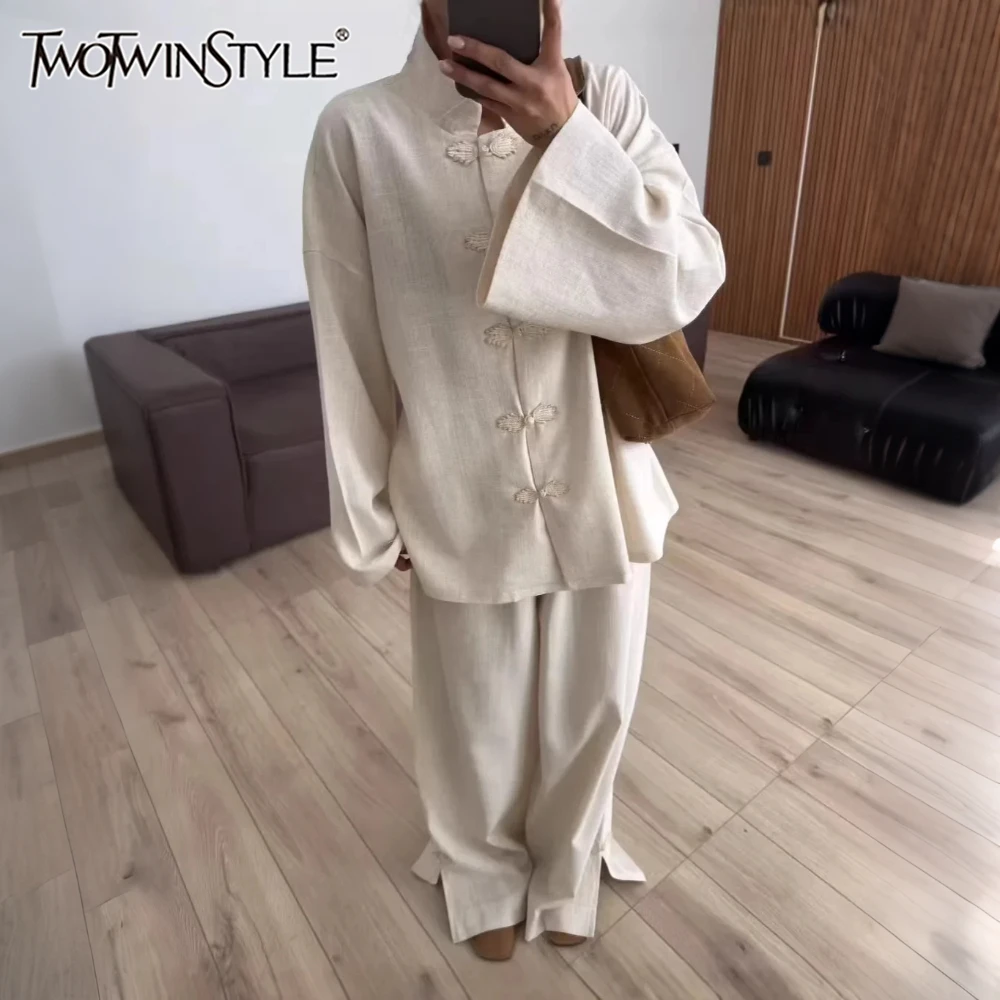 

TWOTWINSTYLE Apricot Spliced Buttons Two Piece Set Female Stand Collar Long Sleeve Shirt Retro Casual Women's Trousers Sets New