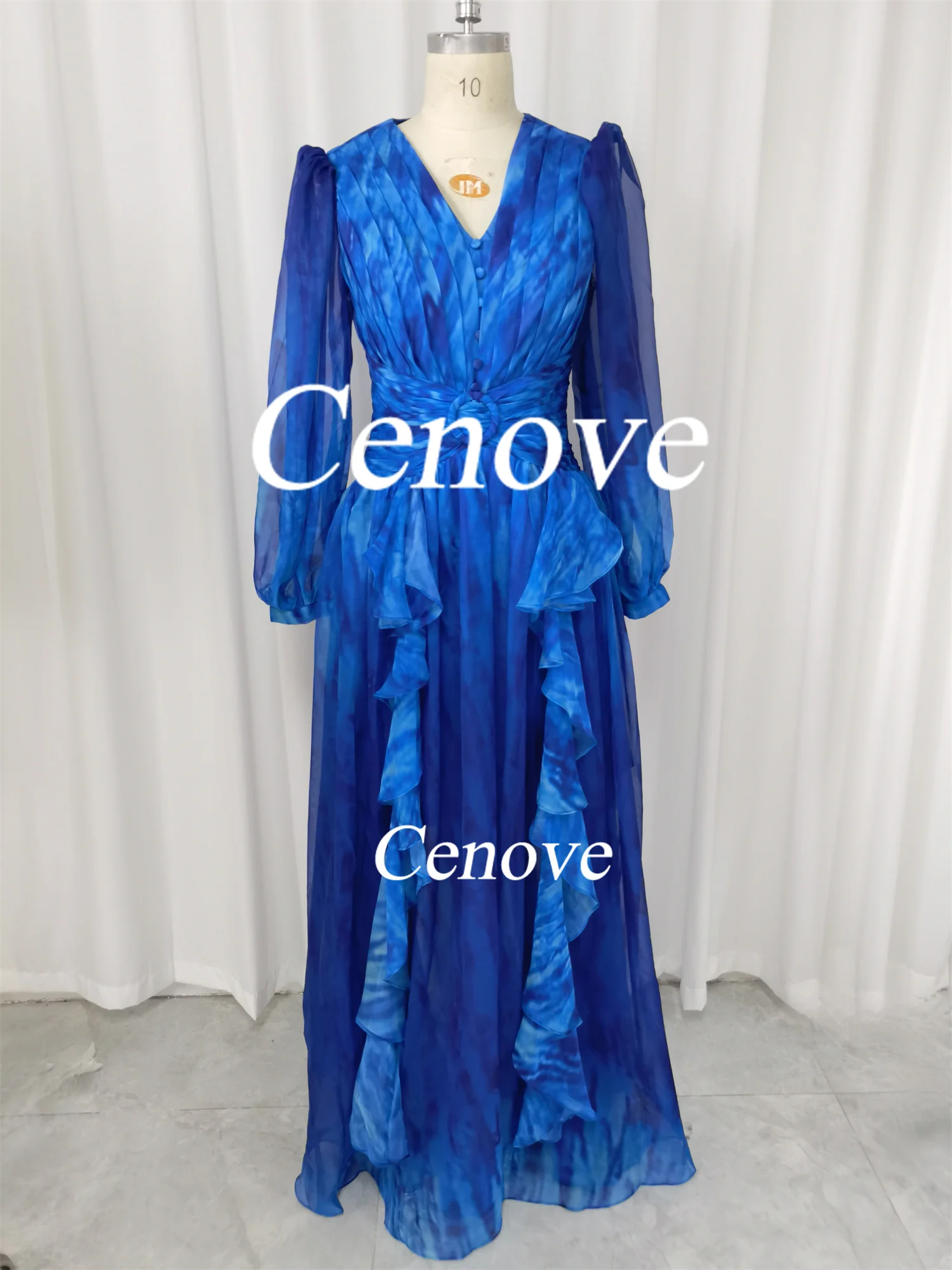 Cenove Blue A-Line  V-Neckline Prom Dress Lace Long Sleeves Evening Summer Elegant Party Dress For Women